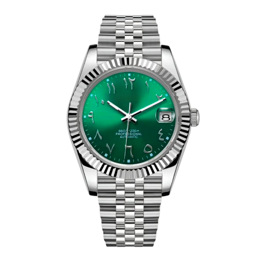 Silver watch with a green face on a white background