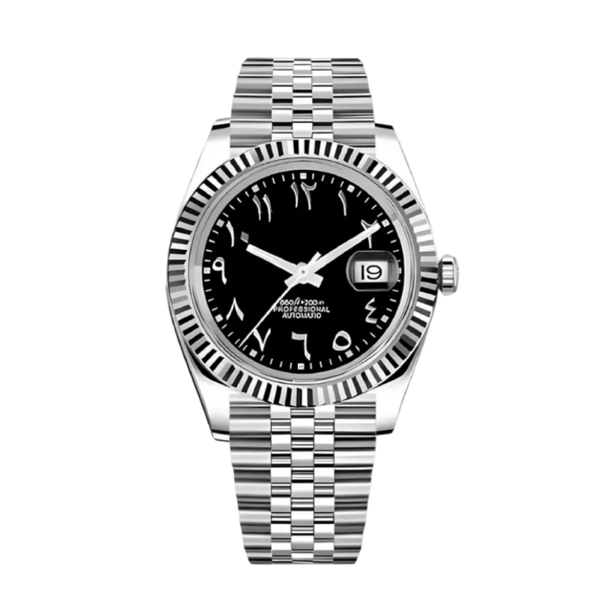 Silver watch with black dial on a white background